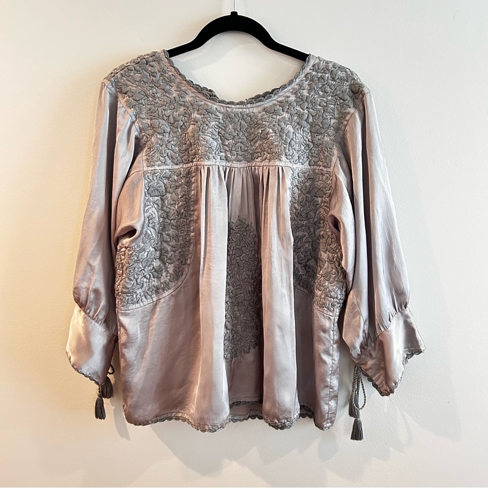 Sister Mary | Chic Gray Women's Blouse with Embroidered/Crochet details, Size S